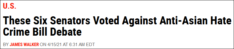 6名美国参议员投票反对审议 反亚裔仇恨犯罪法案 均为共和党籍 特朗普