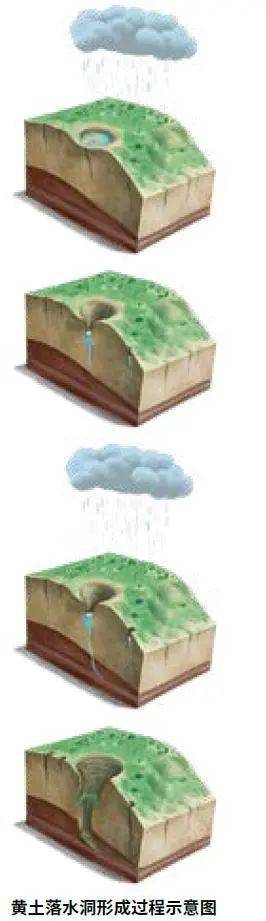 落水洞形成过程如插图所示:地表水沿黄土中的竖直裂隙向下渗透,溶解
