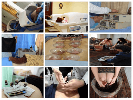 中药熏蒸,微波治疗,中药电离子导入,中药热敷,拔罐,药浴,针灸,推拿