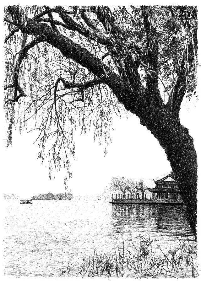 西湖风景素描画图片