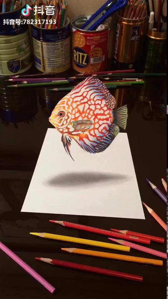 3d立體畫彩鉛地圖魚作品