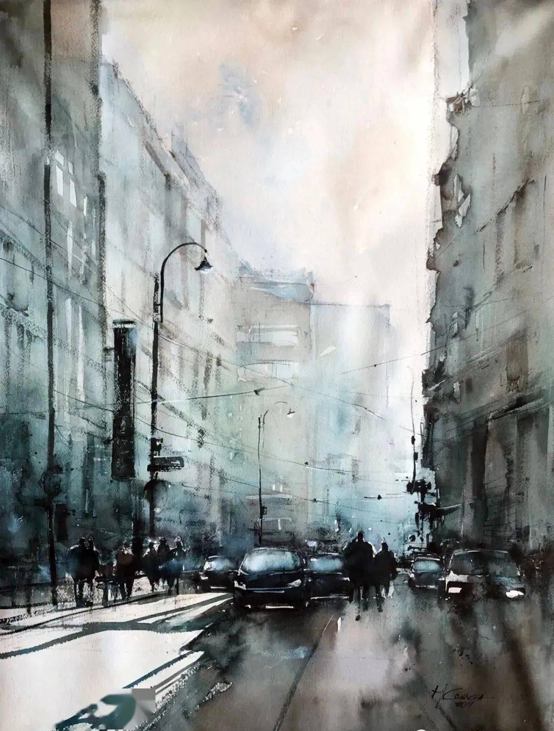 城市的车水马龙迷人的水彩街景