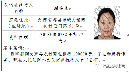 辉县最新失信被执行人曝光台