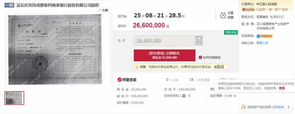成都农商银行1000万股司法拍卖 系成都农商银行向自然人讨债