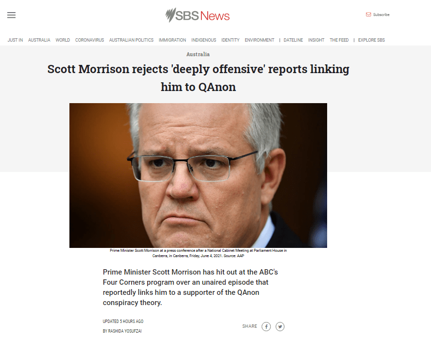 被澳媒调查和"匿名者q"阴谋论之间联系,莫里森称"深感被冒犯",网友