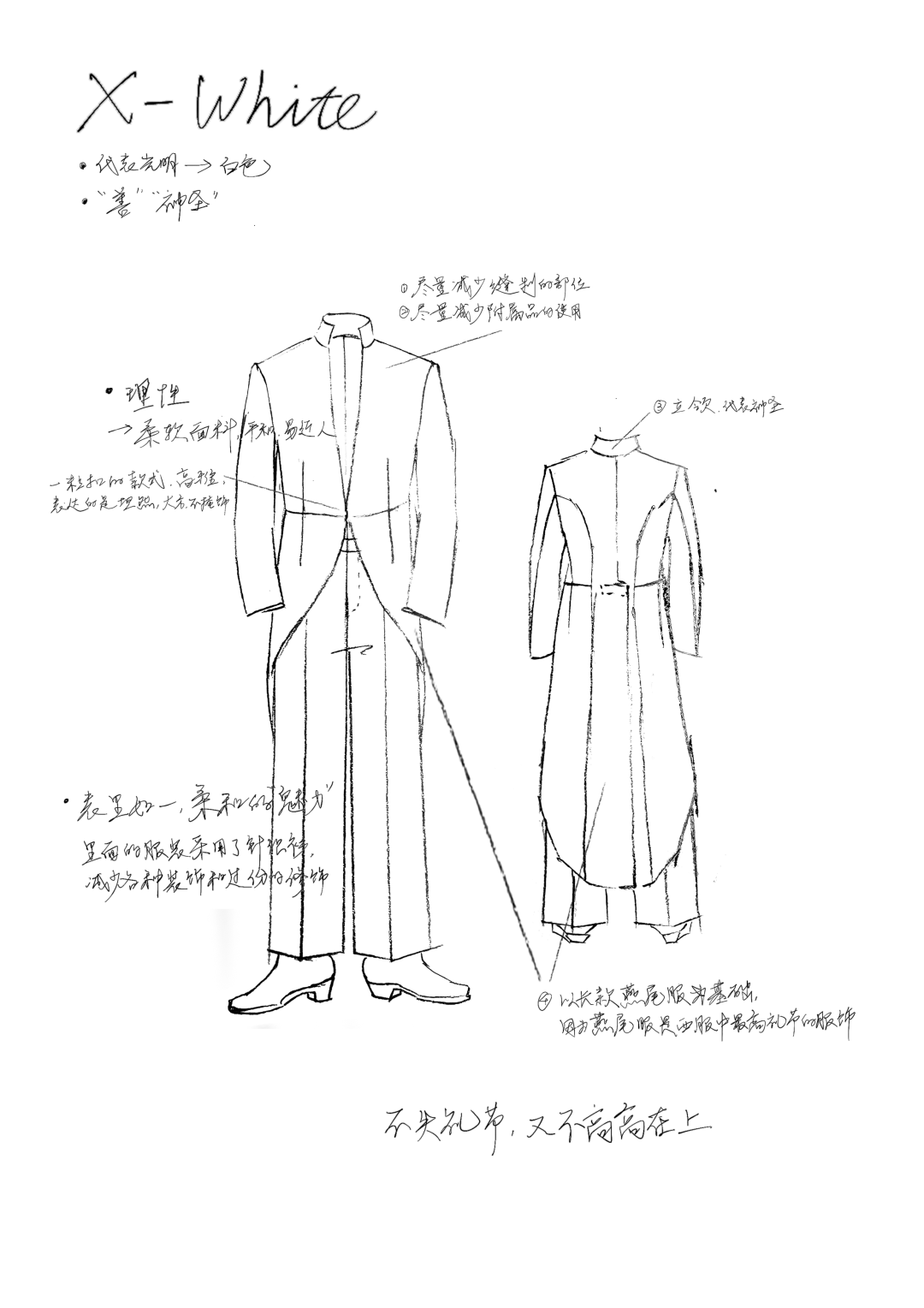 选择了燕尾服,因为这是西装里最高礼节的款式,减少缝制和功能性附属品
