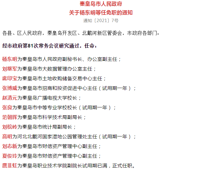 秦皇岛最新任免名单