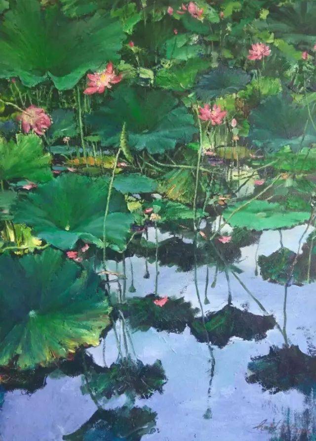 写实油画丨夏天静静的绘出这一片荷塘月色