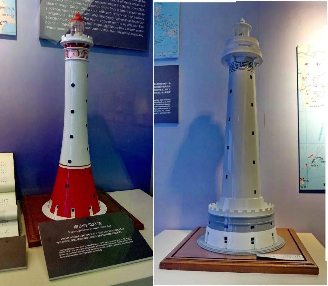 南中国海赤瓜礁灯塔模型(左)和华阳礁灯塔模型(右)(中国航海博物馆藏)