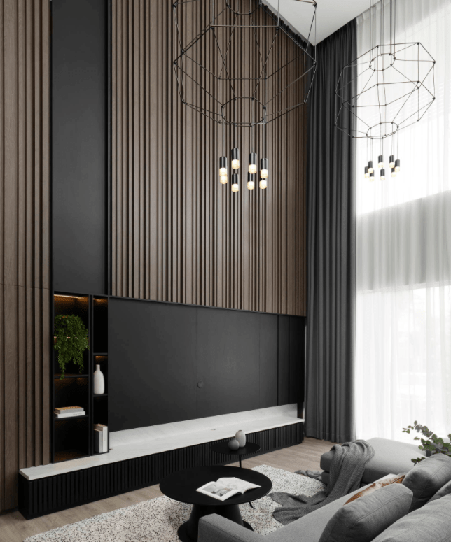 4米挑高客厅成家中最大亮点,在电视背景墙的设计上,选择了格栅板拼接