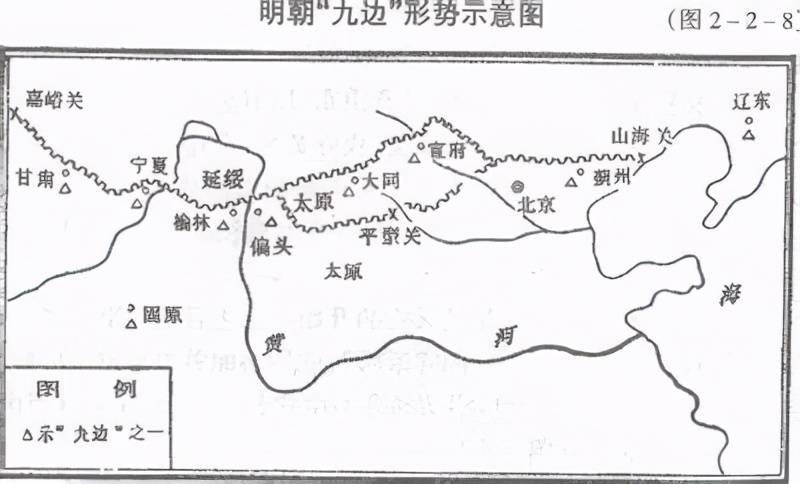 在东起鸭绿江,西至嘉峪关一线先后设置了辽东,蓟州,宣府,大同,太原