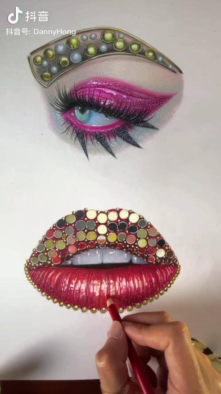 手绘一组创意眉眼唇妆彩铅美妆手绘画画