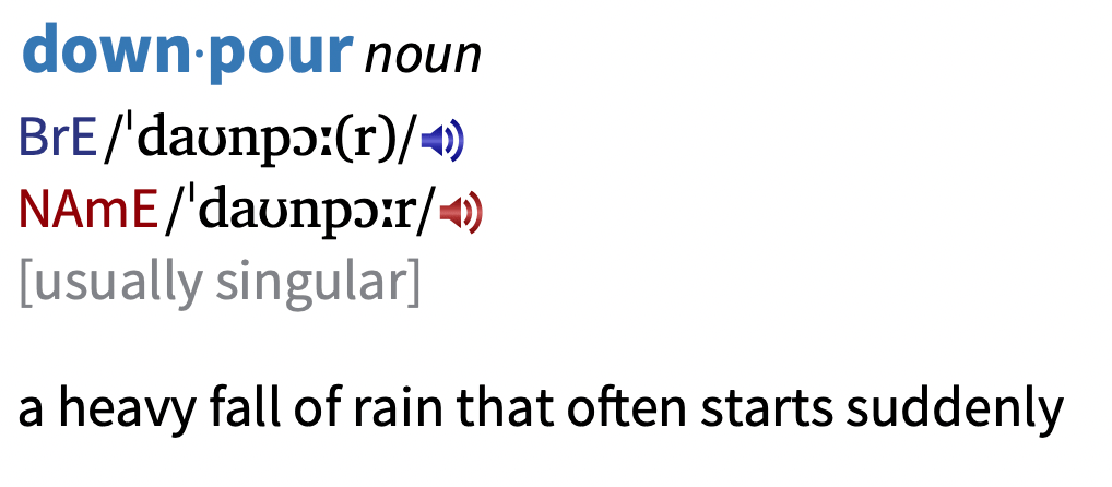 downpour(/ ˈdaʊnpɔːr/)是一个名词,表示“a heavy fall of rai