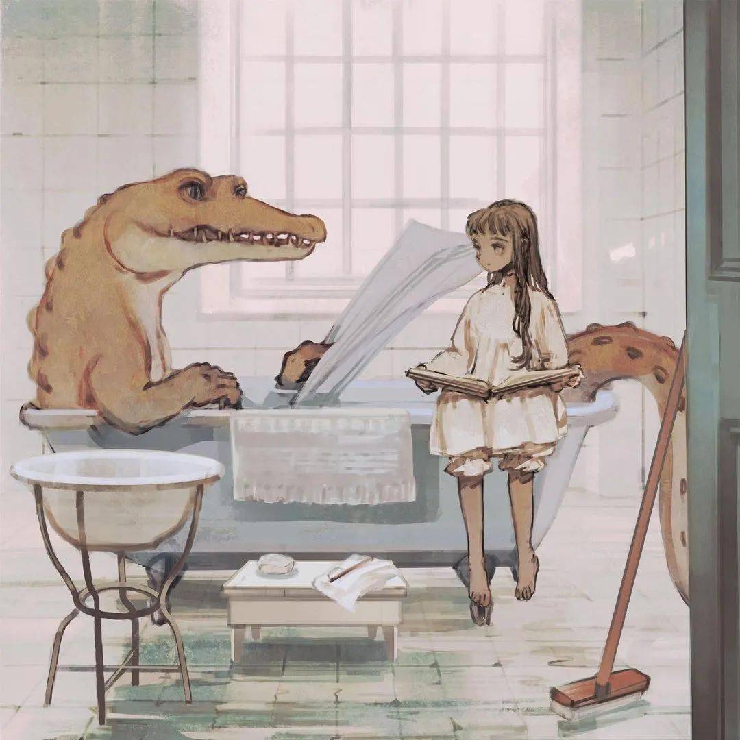 太温柔了这场面太美了女孩看着书鳄鱼先生看着女孩张开嘴,看看你刚才