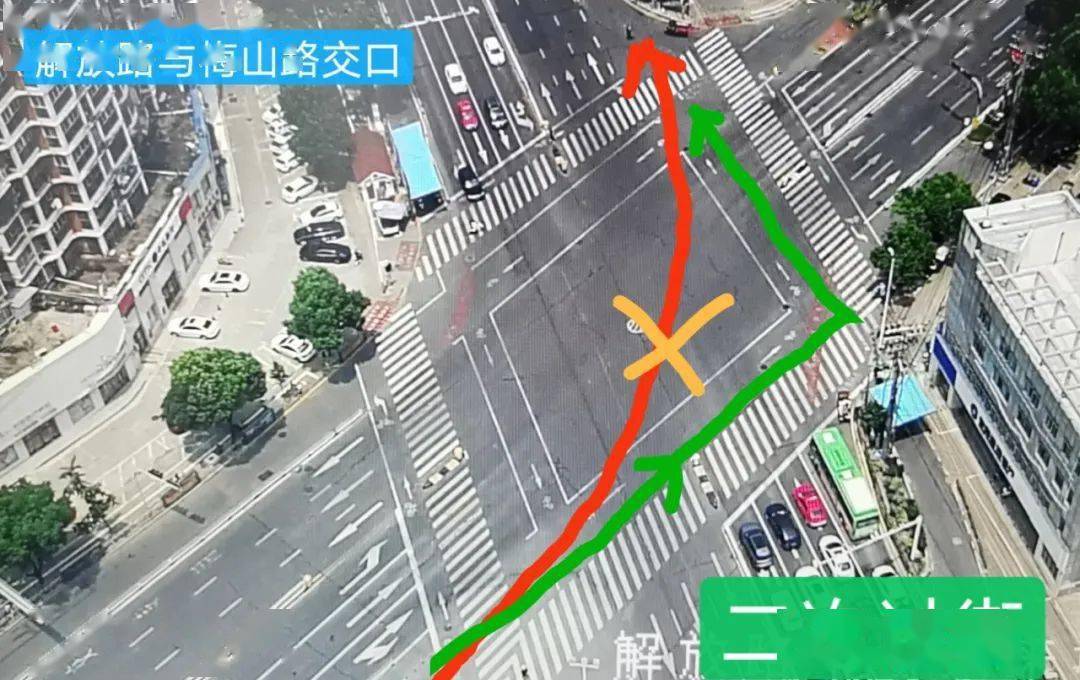 直行车道,二次过街等候区,提示牌等,如佛子岭路与梅山路交叉口,梅