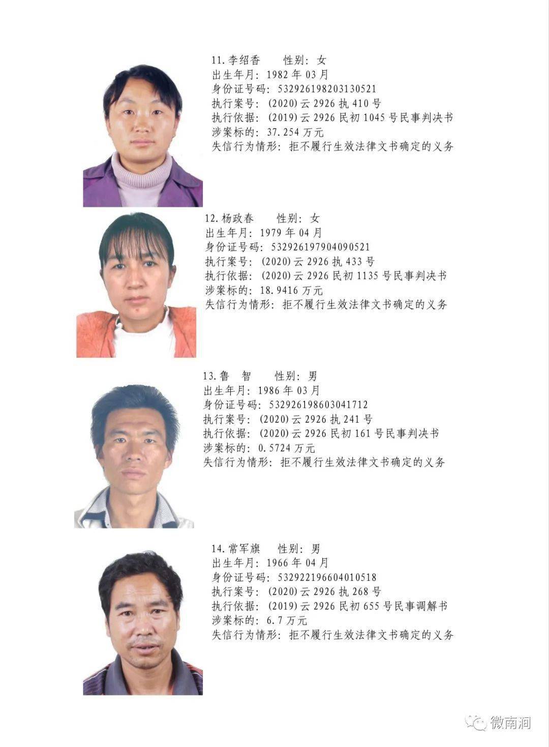 速看南涧又曝光一批失信被执行人名单