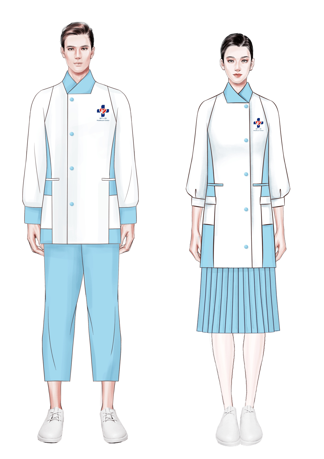 许勃本系列医护人员服装包含医护日常工作服,医护礼服两大类;服装局部