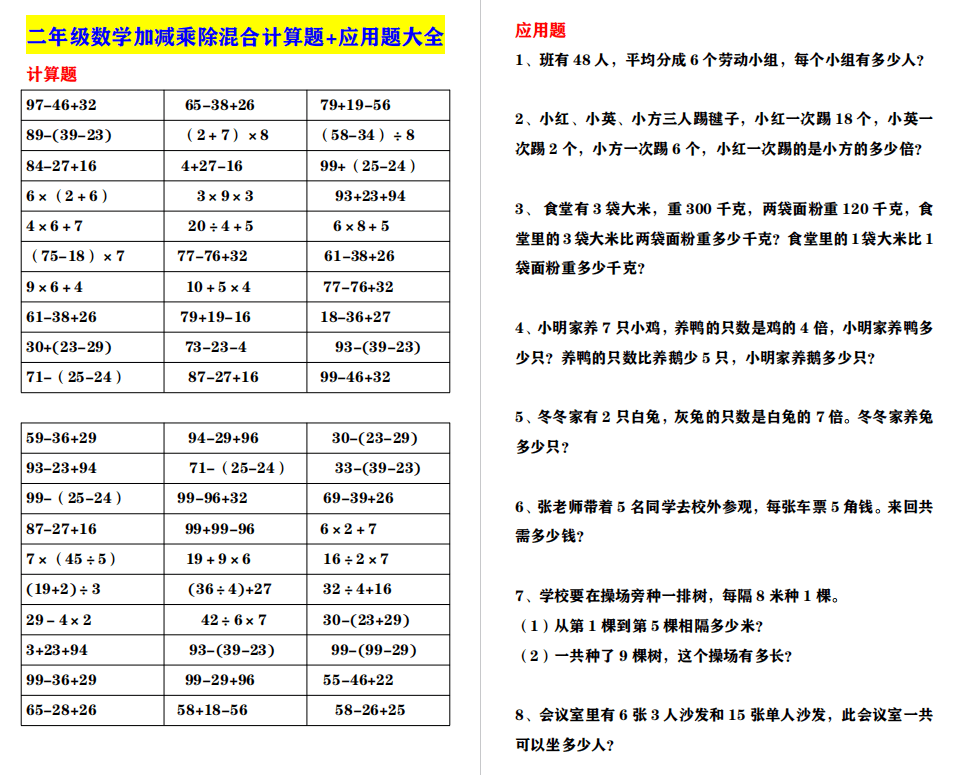 二年级数学加减乘除混合计算题 应用题大全 掌握考试拿高分 小英