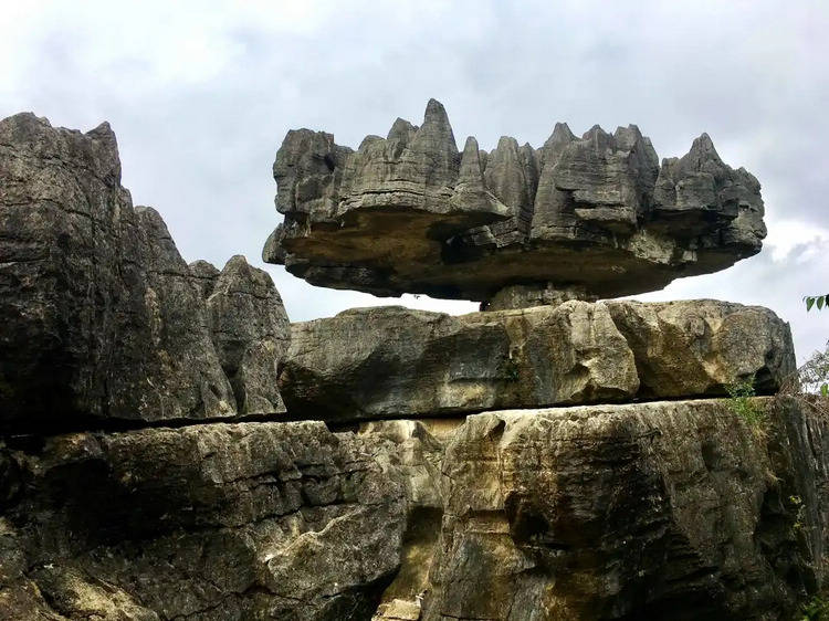 累月的岩溶侵蚀作用的结果,石林内岩体形态各异,巨大的磨盘石悬在上空