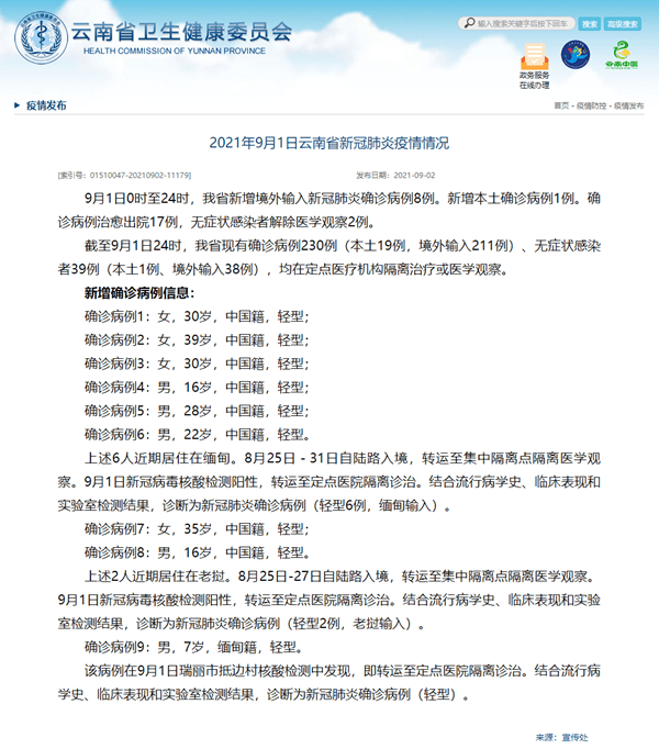 检测|云南省9月1日新增新冠肺炎本土确诊病例1例
