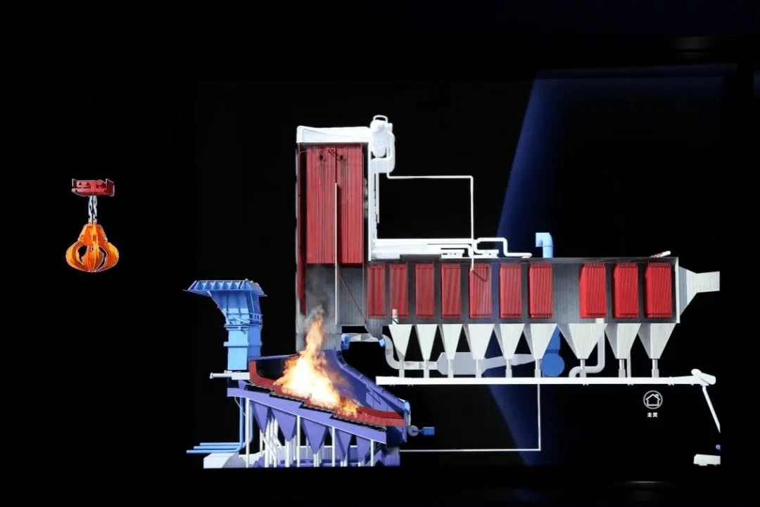 被"爪子"吊起的垃圾投入送料口中,再进入焚烧炉内焚烧,焚烧产生的高温