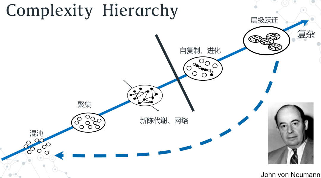 复杂性阶梯,阶梯的每一步按照复杂系统从简单到复杂的演化过程排列