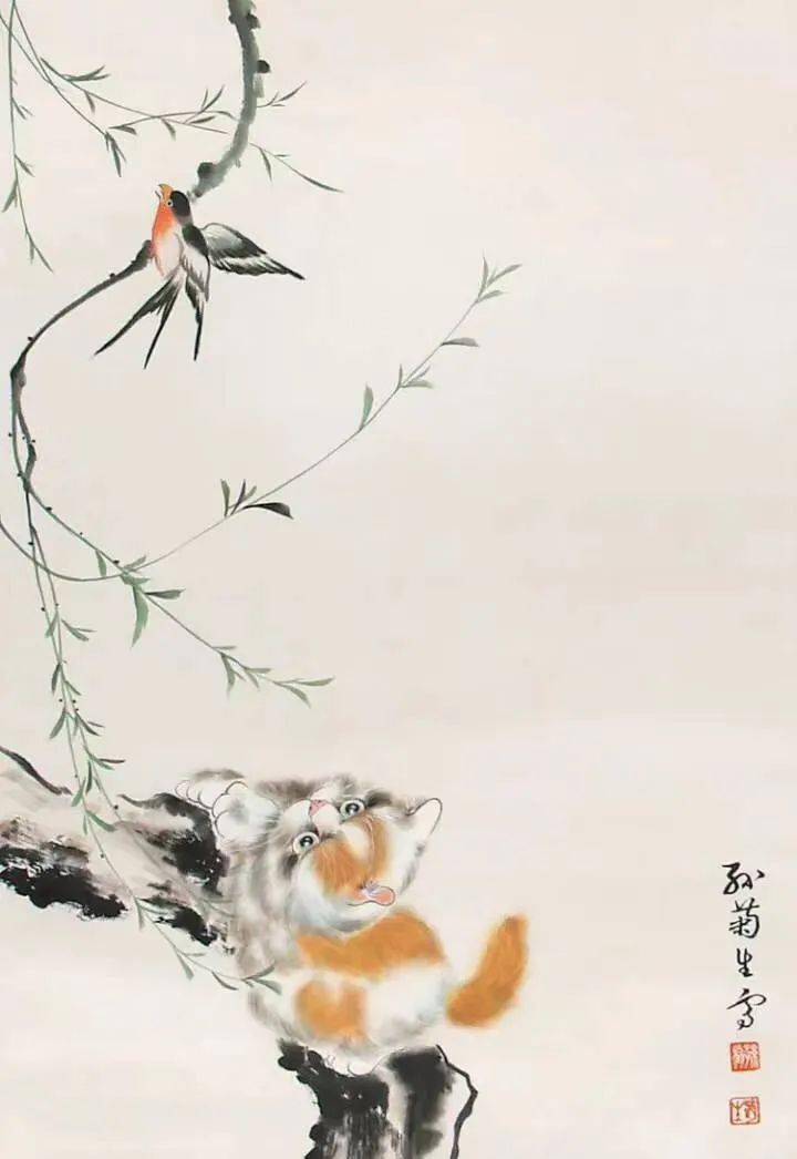 中国美術・純手描き三尺猫画芯・水墨画・動物画・孙菊生印款・肉筆・宣紙・茶道・賞物 中国美術・純手描き三尺猫画芯・水墨画・動物画・孙菊生印款