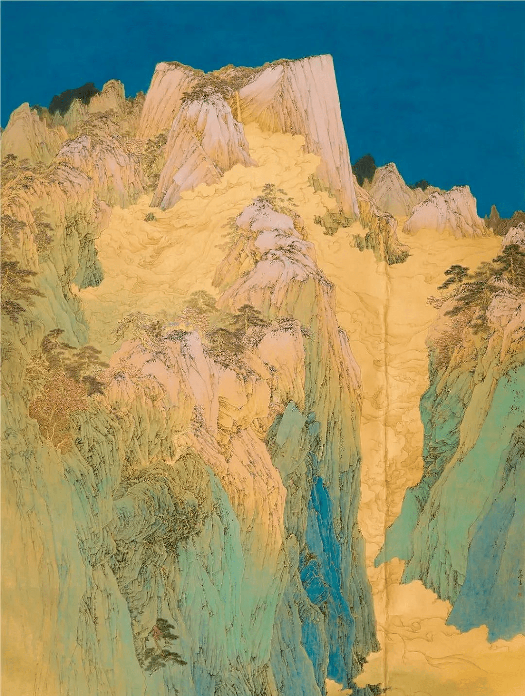 重彩 华岳初雪李圣峰的山水画可以用笔墨精良,设色考究来形容.