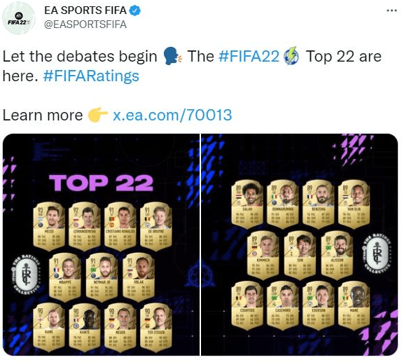 EA 公布《FIFA 22》球员排名：梅西仍位居第一 