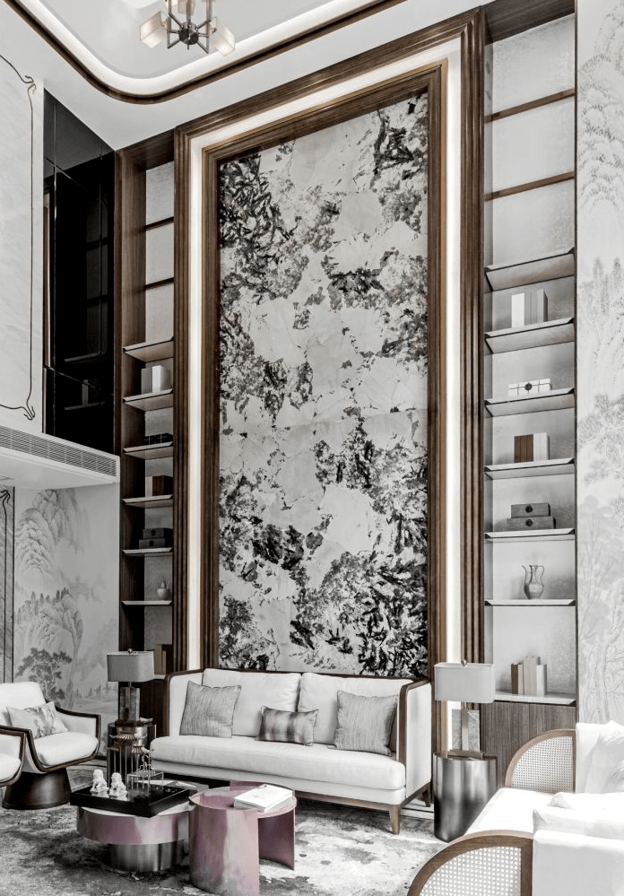 大理石挑高背景墙,中空客厅设计的必要元素