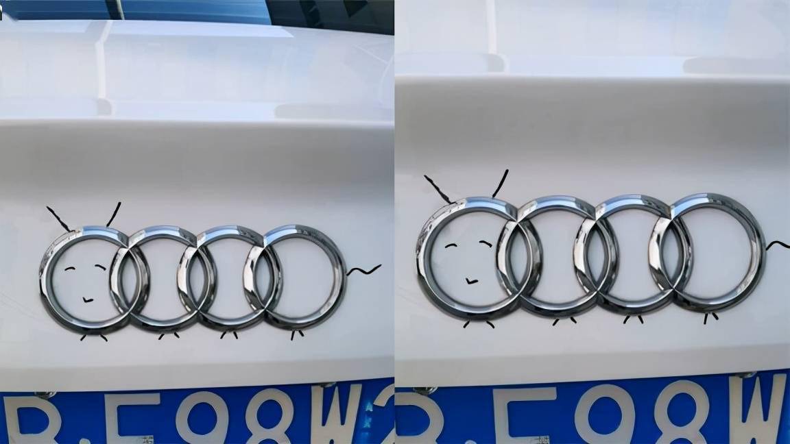 无锡一奥迪车主发现车标被熊孩子画成了毛毛虫 网友:瞬间有灵魂了