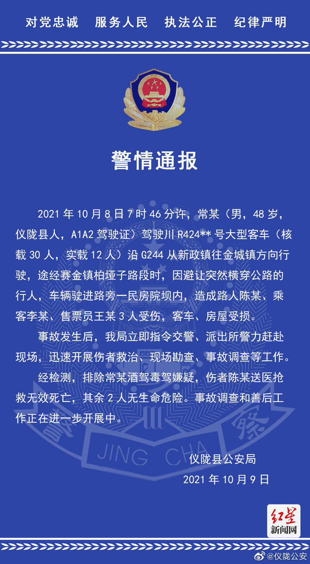 警方通報:為避讓橫穿公路行人 四川儀隴一客車撞上民房致1死2傷