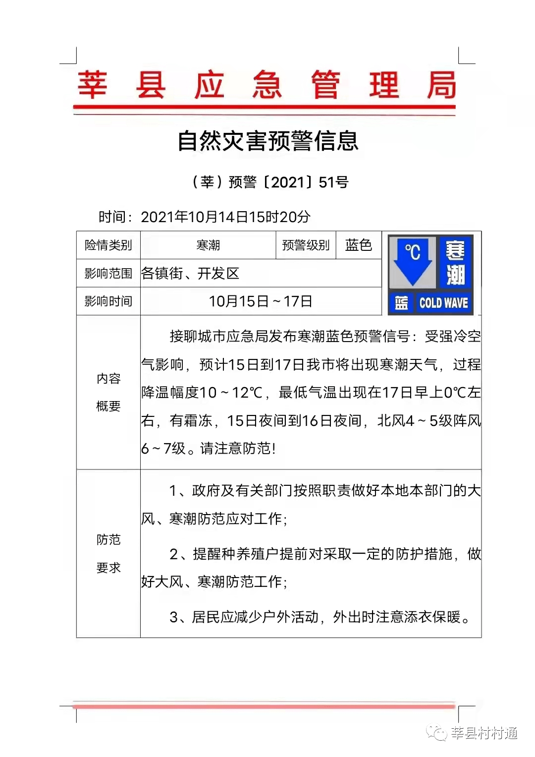 莘县发布自然灾害预警信息