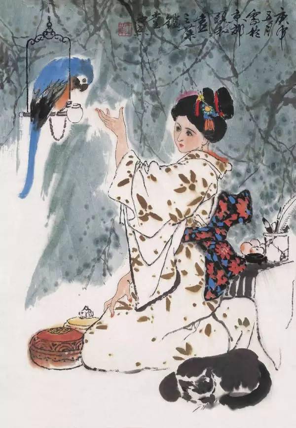 国画中的女子戏鹦图