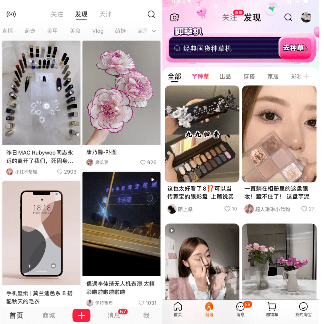 左一是小红书界面,右一是淘宝逛逛界面