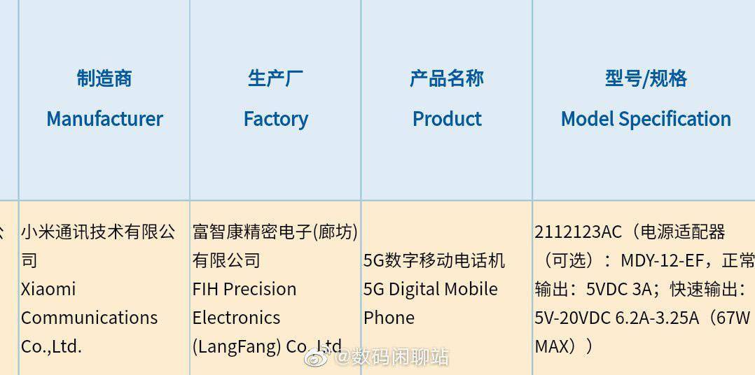 新机|小米新机入网：支持 67W 超级快充，可能搭载骁龙 870 处理器