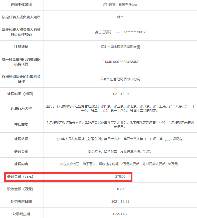 外管局開多張罰單騰訊財付通外匯業務違規被罰沒278萬元