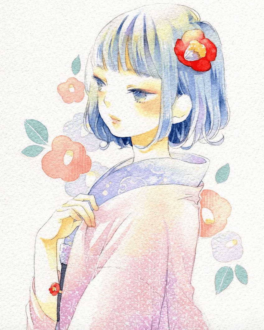 这和服女孩水彩画的太有感染力了