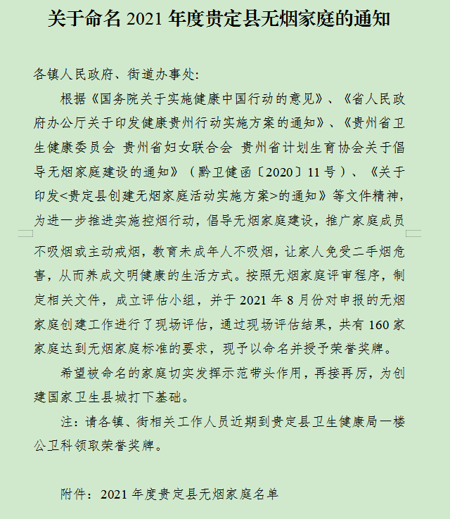 喜訊貴定縣2021年無煙家庭名單出爐了昌明20個家庭上榜