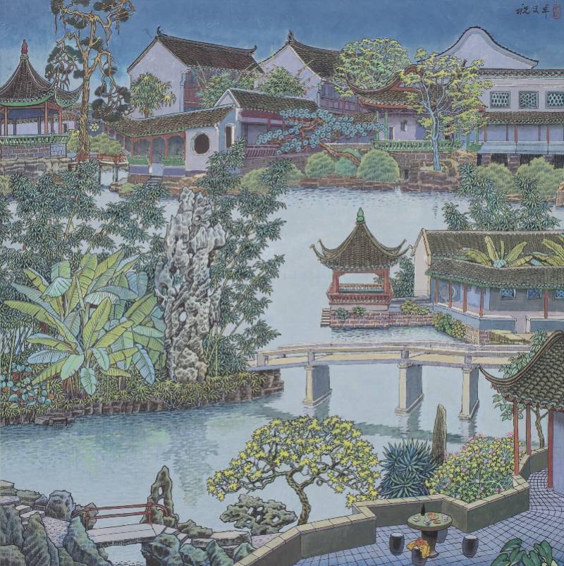 《蘇州園林》 祝大年 1973年 鋼筆畫 104×104cm