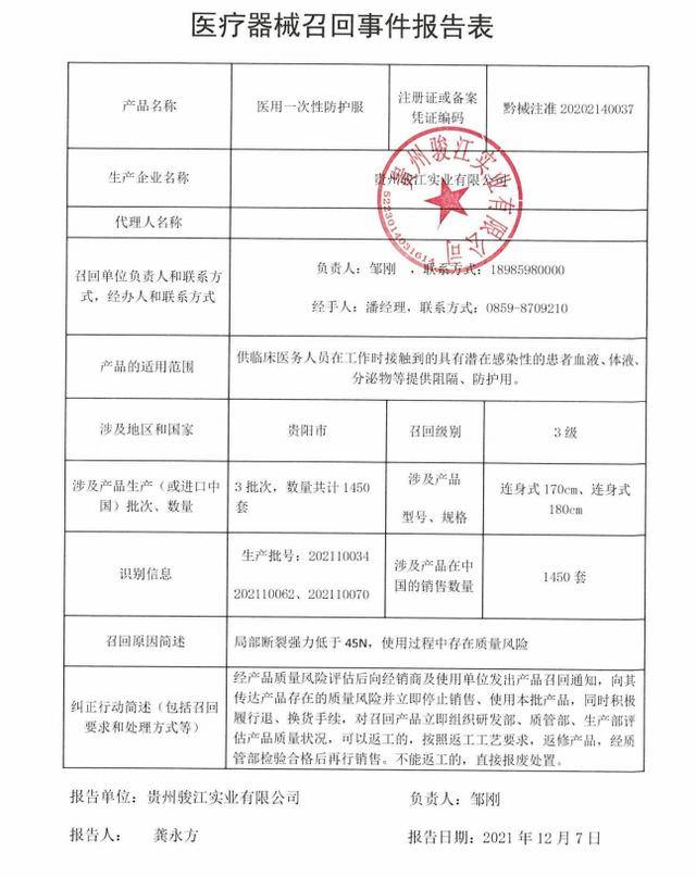 贵州骏江实业有限公司对医用一次性防护服主动召回_批号_质量_报告