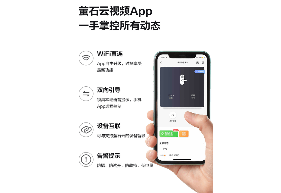 dl31fs人臉鎖支持接入螢石雲視頻app,一部手機即可掌握門鎖的所有動態