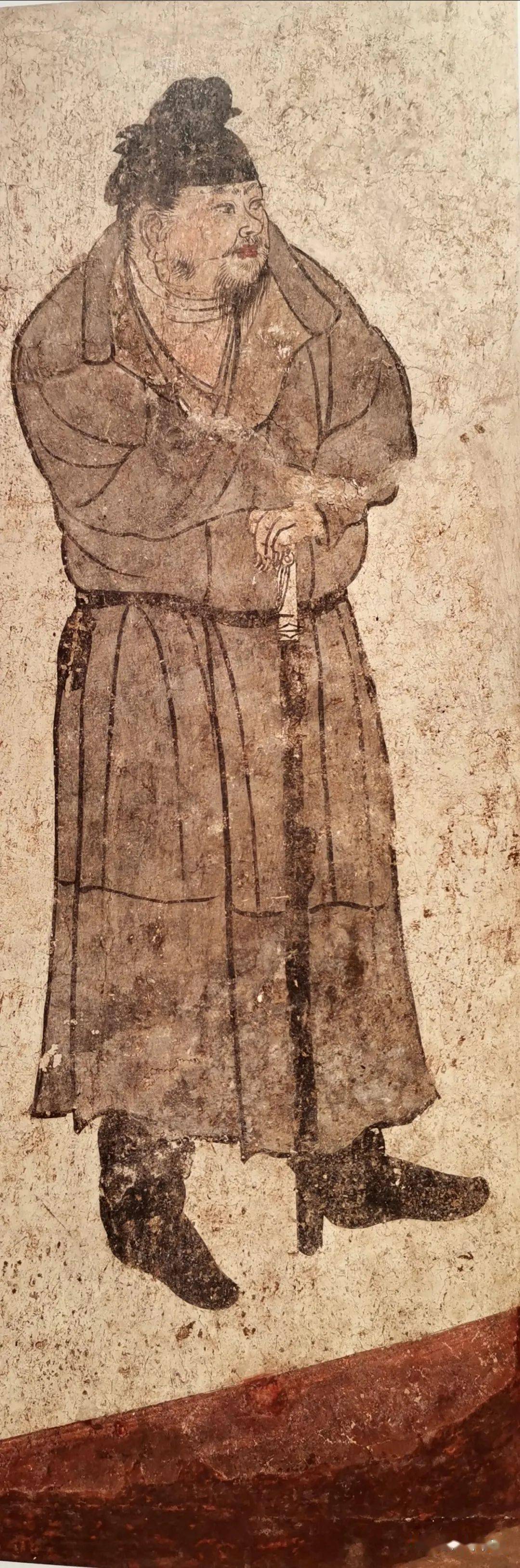 东壁的客使图上前面三位描绘的是唐朝的官员.