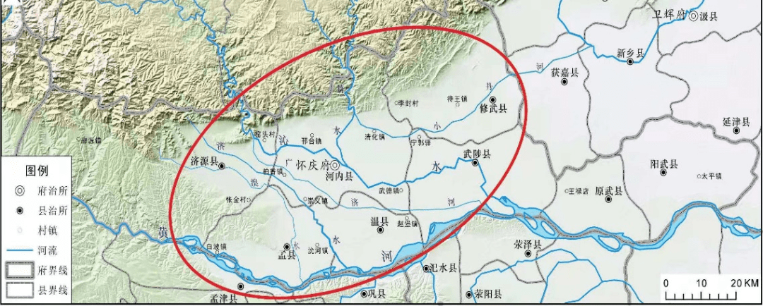 濟源縣(今濟源市),孟縣(今孟州市),溫縣,武陟縣,修武縣(今修武縣和