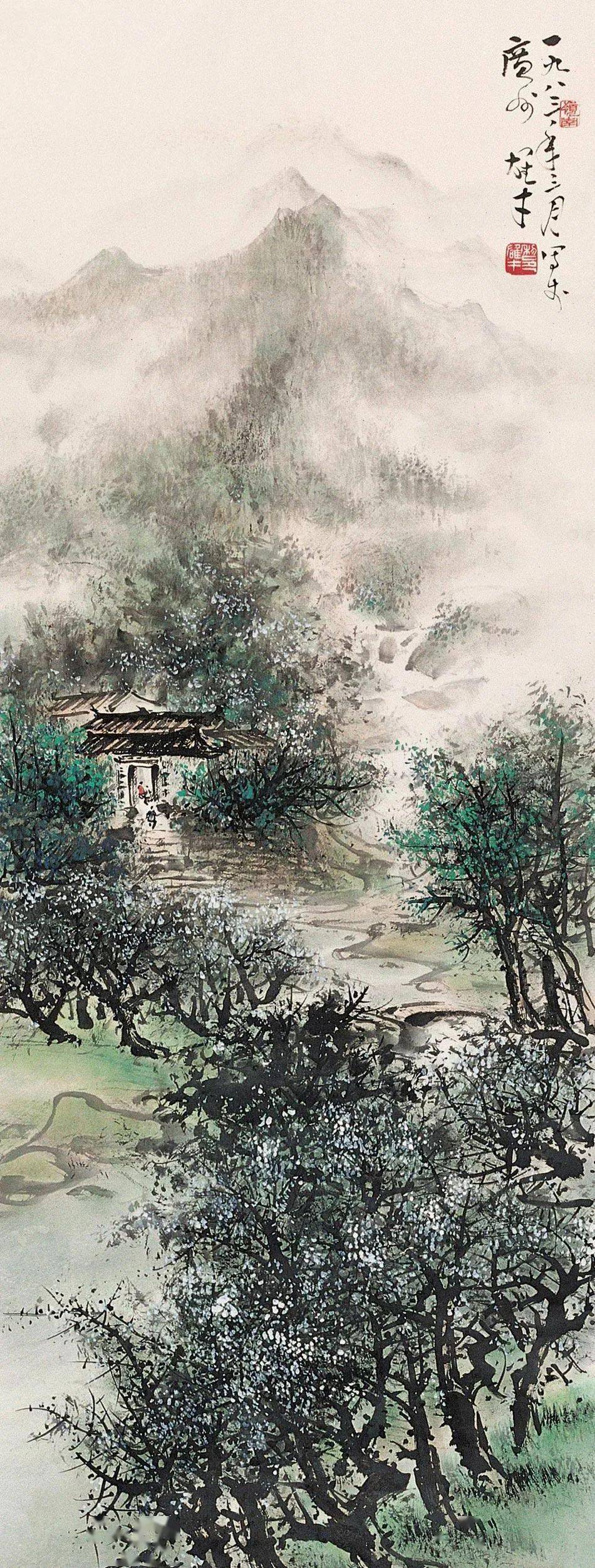 黎雄才画的农家小院山乡风情绕纸上