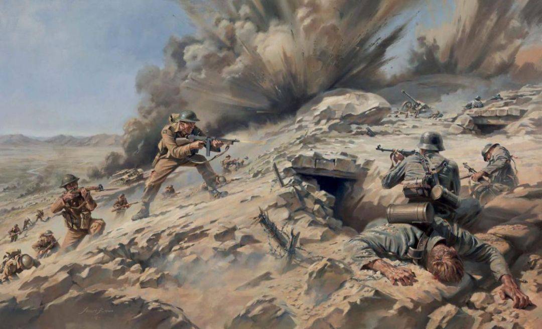 英军步兵向设在高地处的德军战壕发起突击的油画