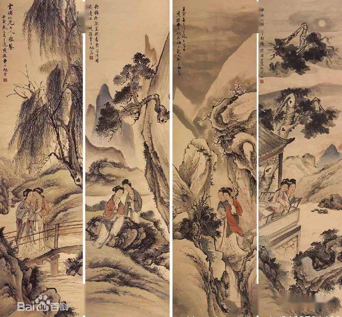 清代画家費丹旭・中国書画讀書図・描金』肉筆紙本・掛軸卷画・中国美術