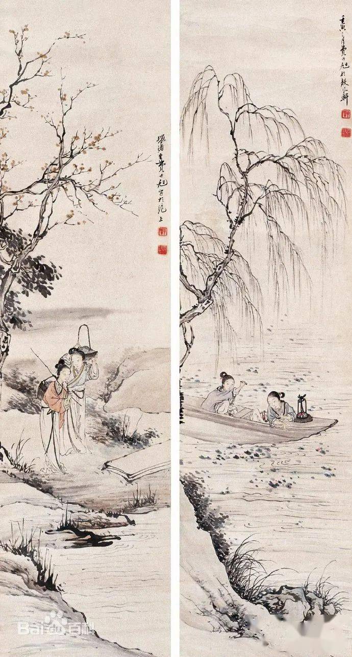 清代画家費丹旭・中国書画讀書図・描金』肉筆紙本・掛軸卷画・中国美術