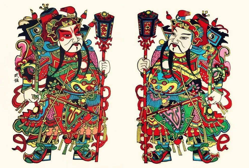 大象象征吉祥如意,文武财神,招财童子,藏于武强年画博物馆.