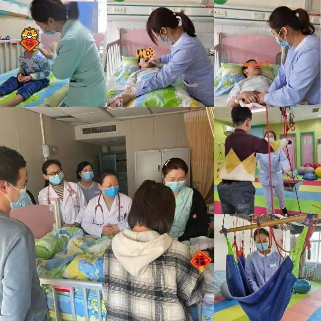 护士王婷婷为小病号扣背,帮助排痰,语言治疗师张瑞在床旁为患儿进行
